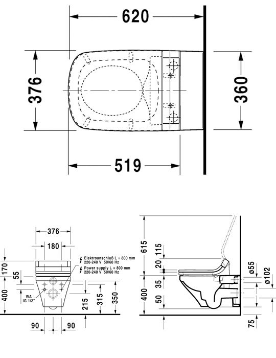 Duravit SensoWash Seat With DuraStyle Wall Mounted Rimless Toilet