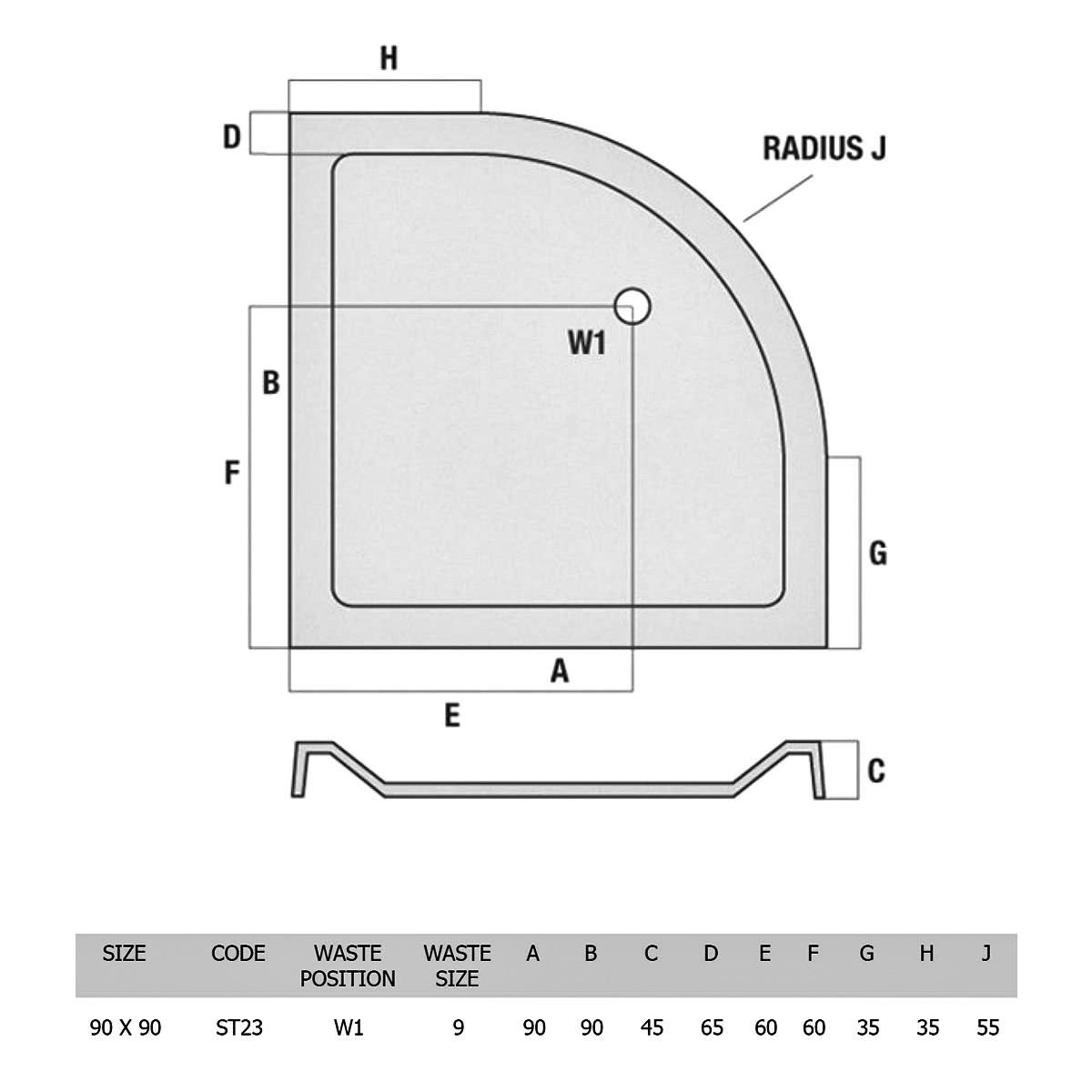 Phoenix Low Profile Quadrant Shower Tray 900mm x 900mm ST023