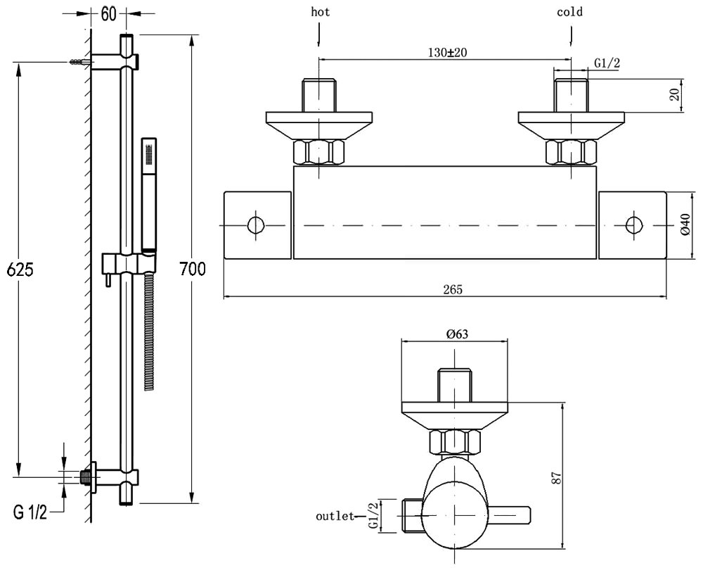 Pura Levo Exposed Thermostatic Shower Valve With Riser Rail Kit