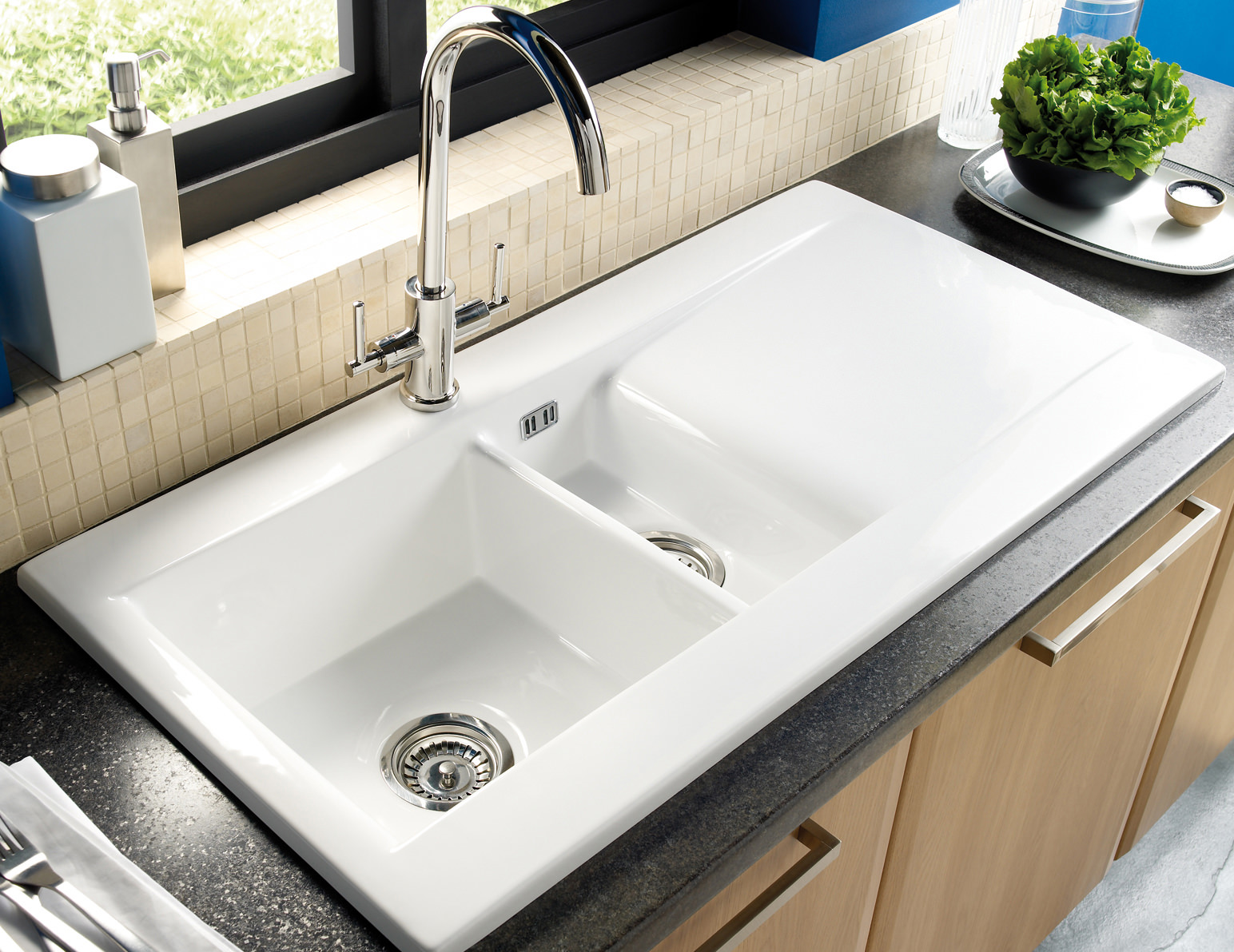 white ceramic inset kitchen sink