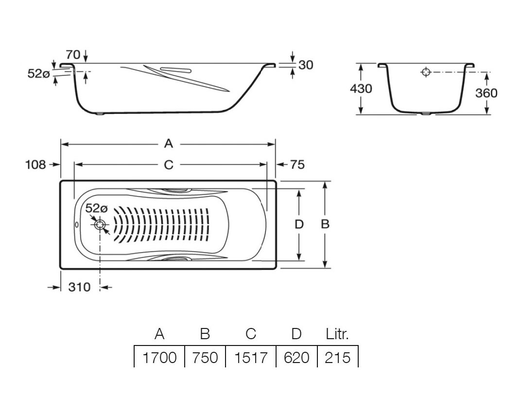 Roca Princess-N Steel Bath 1700 x 750mm With Anti Slip | 220253000