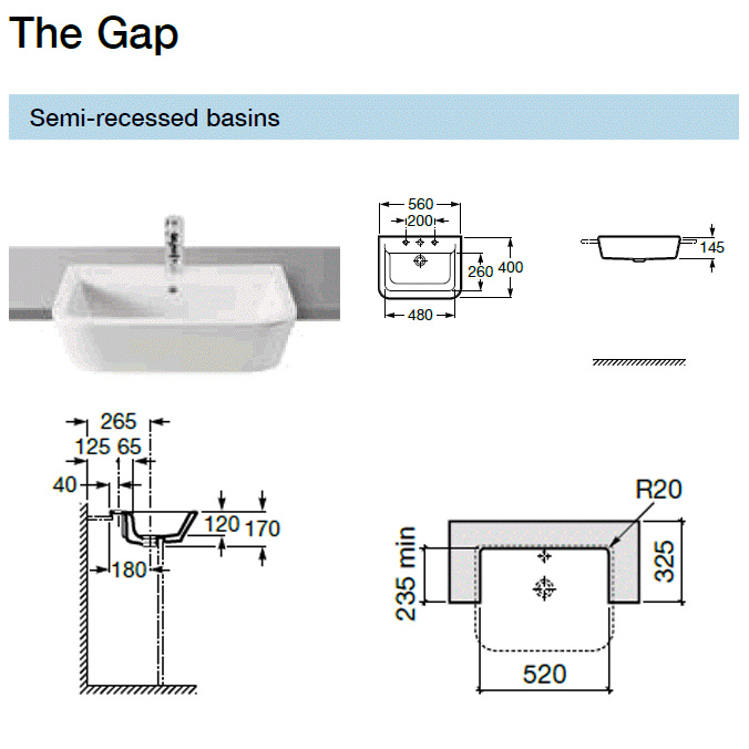 Roca The Gap White Semi Recessed Basin 560mm Wide 32747s000