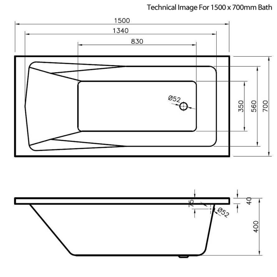1400mm x 700mm x 370mm 1400mm x 700mm Nuie White NBA404 Linton ǀ Modern Bathroom Single Ended Square Bath