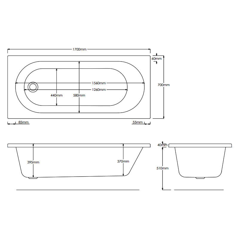 Essential Kingston 1700 X 700mm Quartz Rectangular Single Ended Bath