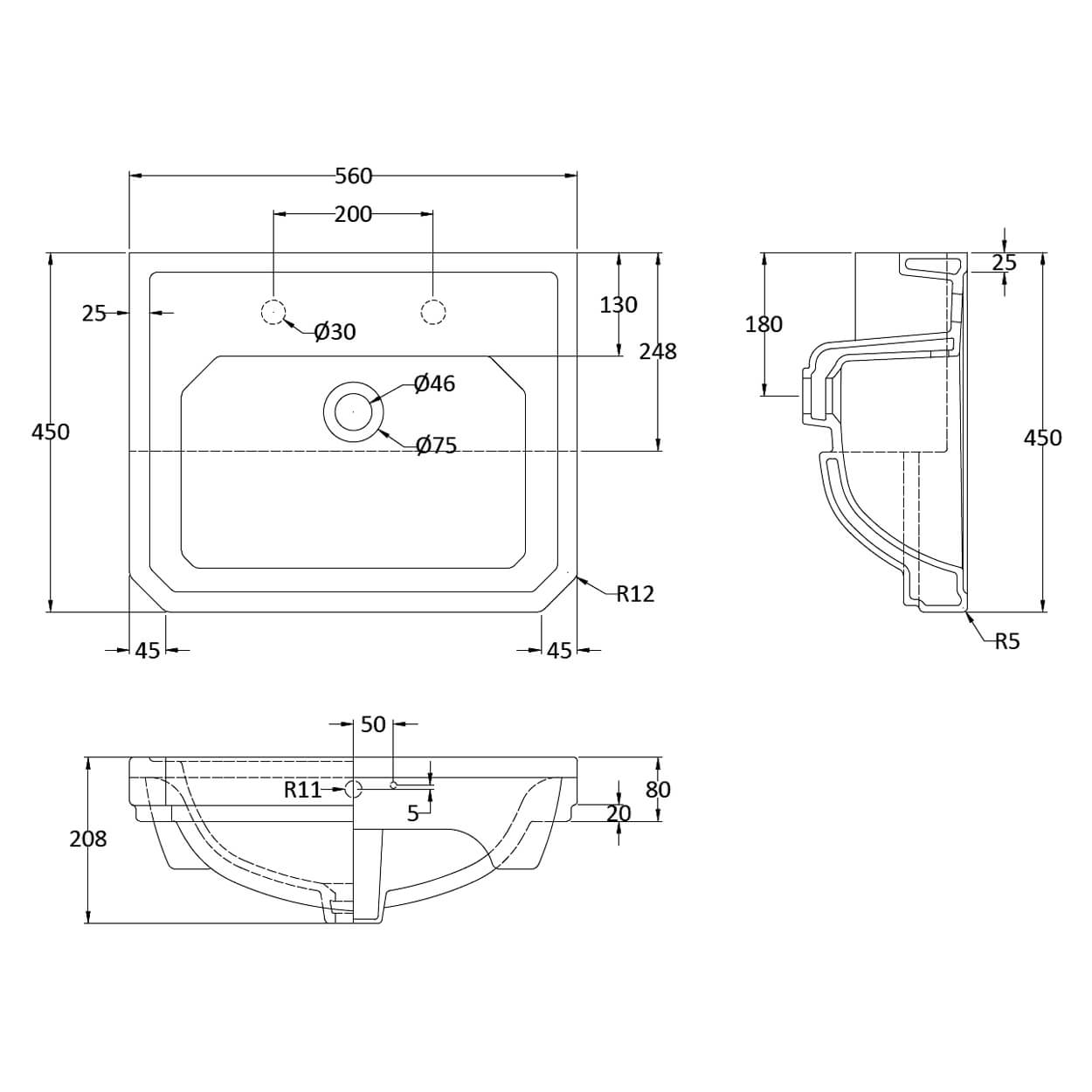 Hudson Reed Richmond 560 x 450mm Semi-Recessed White Basin - NCS808A