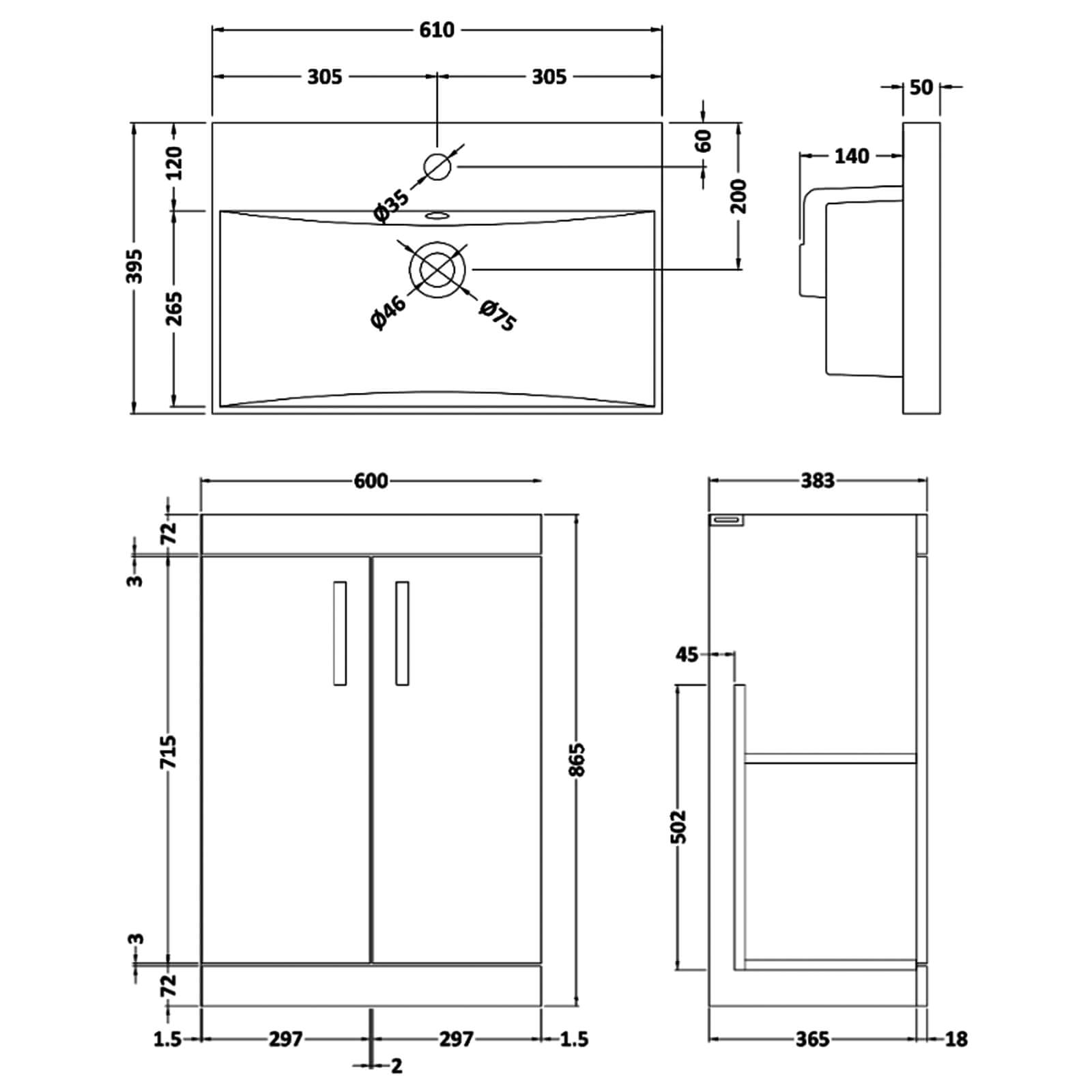 Nuie Athena Floor Standing 2 Door Cabinet With Worktop And Basin - ATH006W