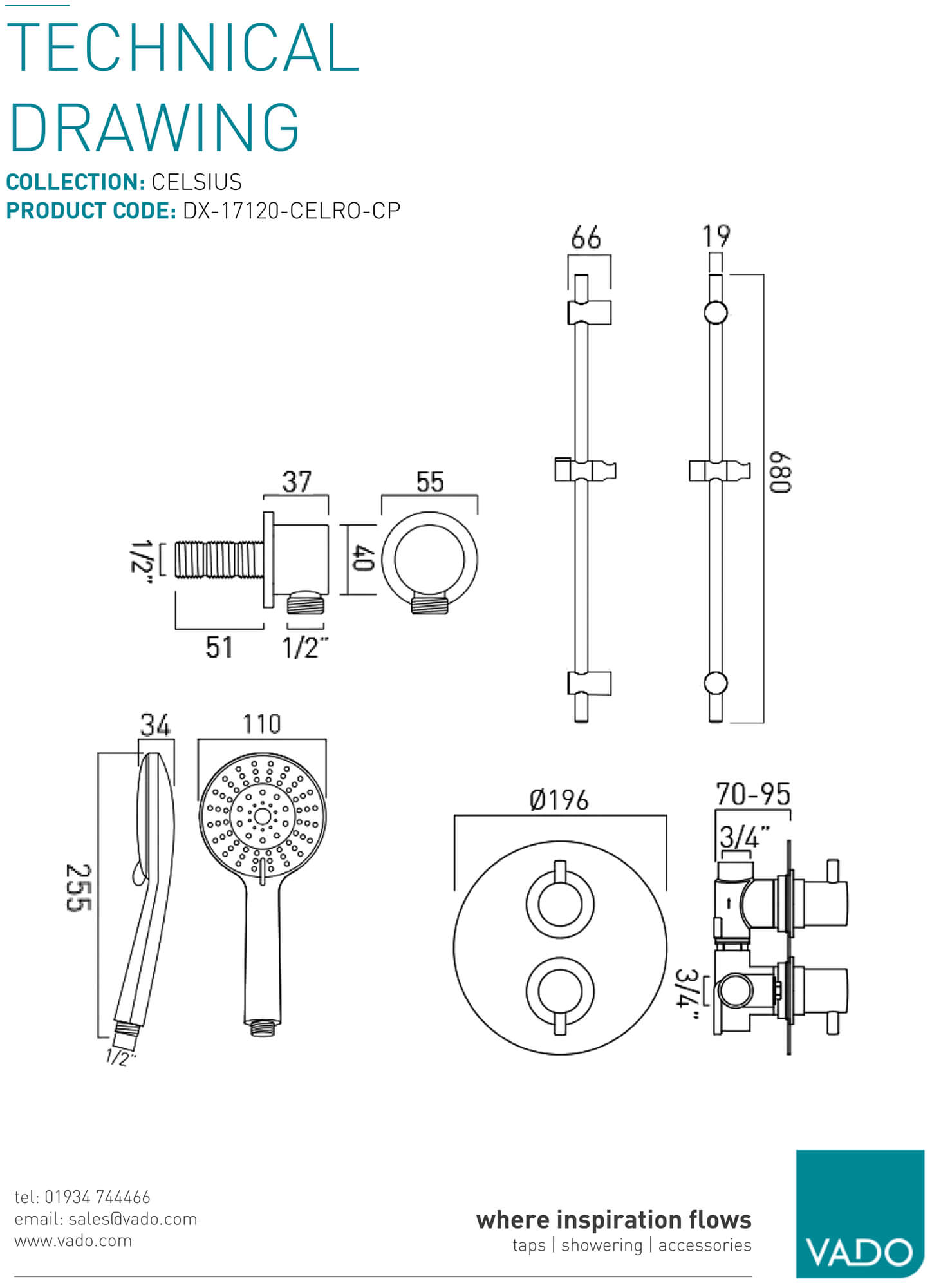Vado Celsius 1 Outlet Chrome Thermostatic Shower Valve With Shower Kit