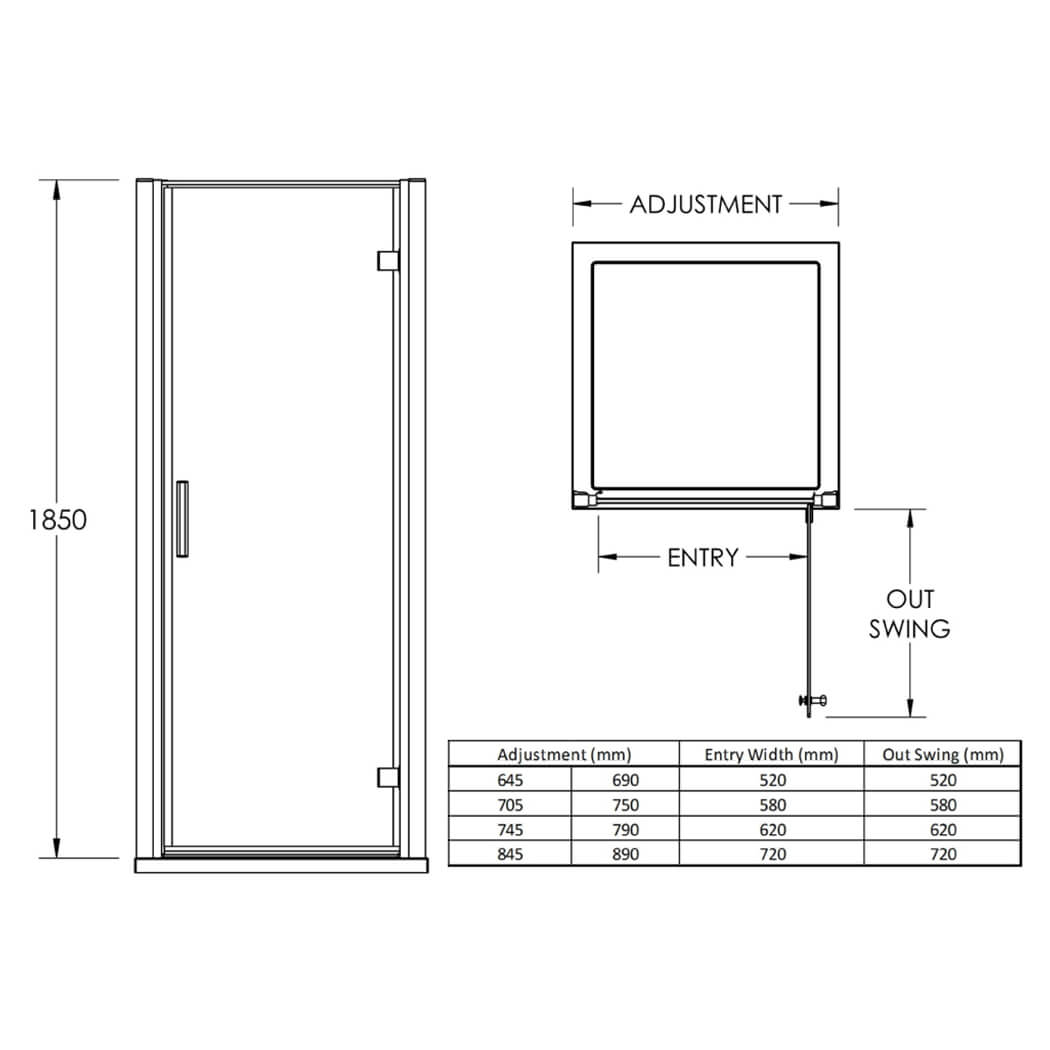 Nuie Pacific 1850mm High Hinged Shower Door - AQHD70