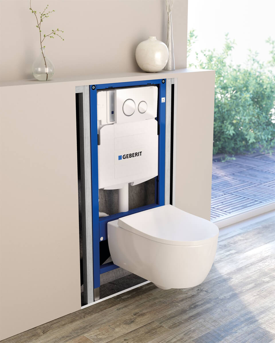 Geberit Rimless Wall Hung Toilet & GEBERIT Duofix 1.12m WC Concealed Cistern Frame Unit 