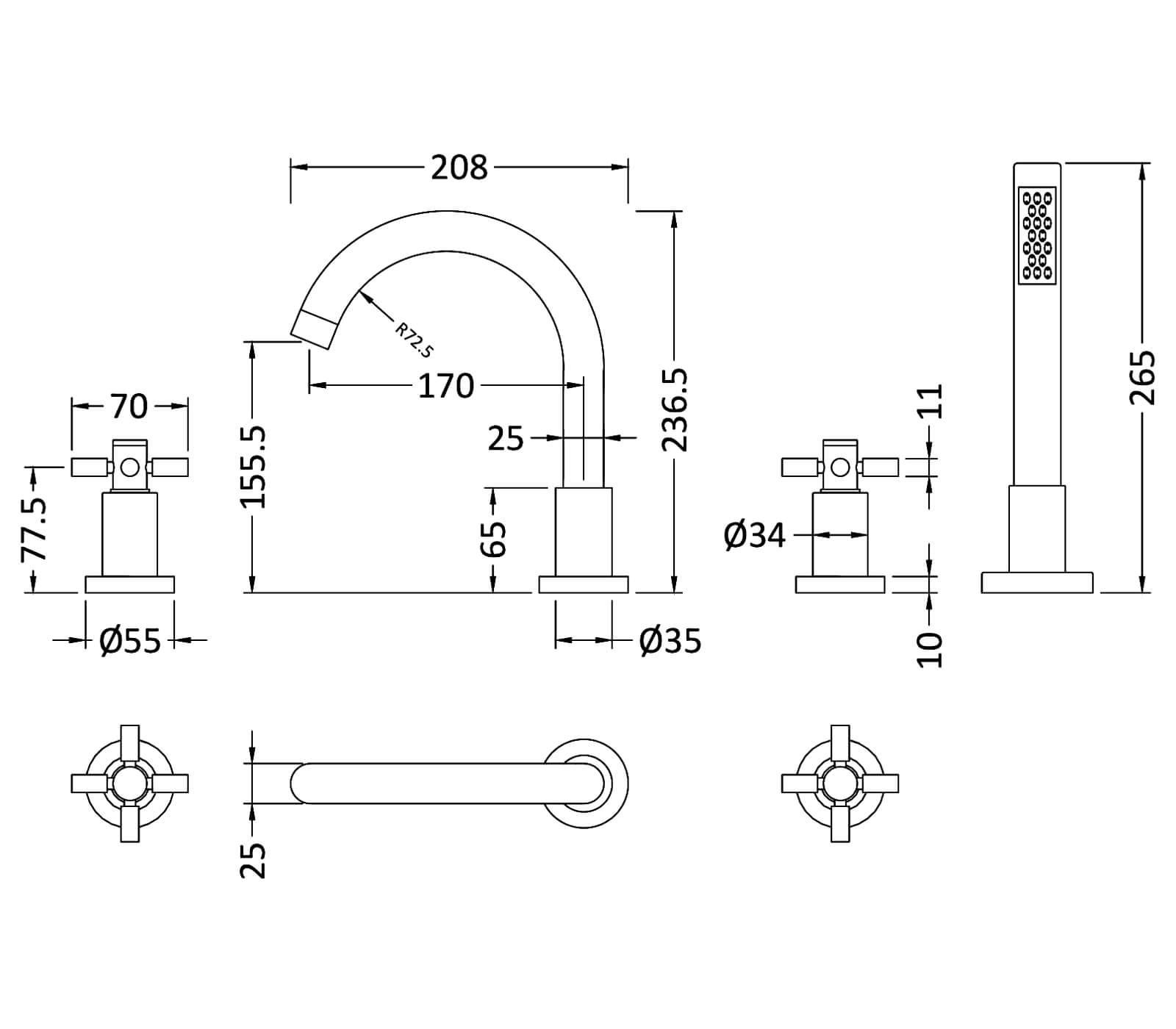 Hudson Reed Tec 4 Hole Bath Mixer Tap With Shower Kit - TEL334S