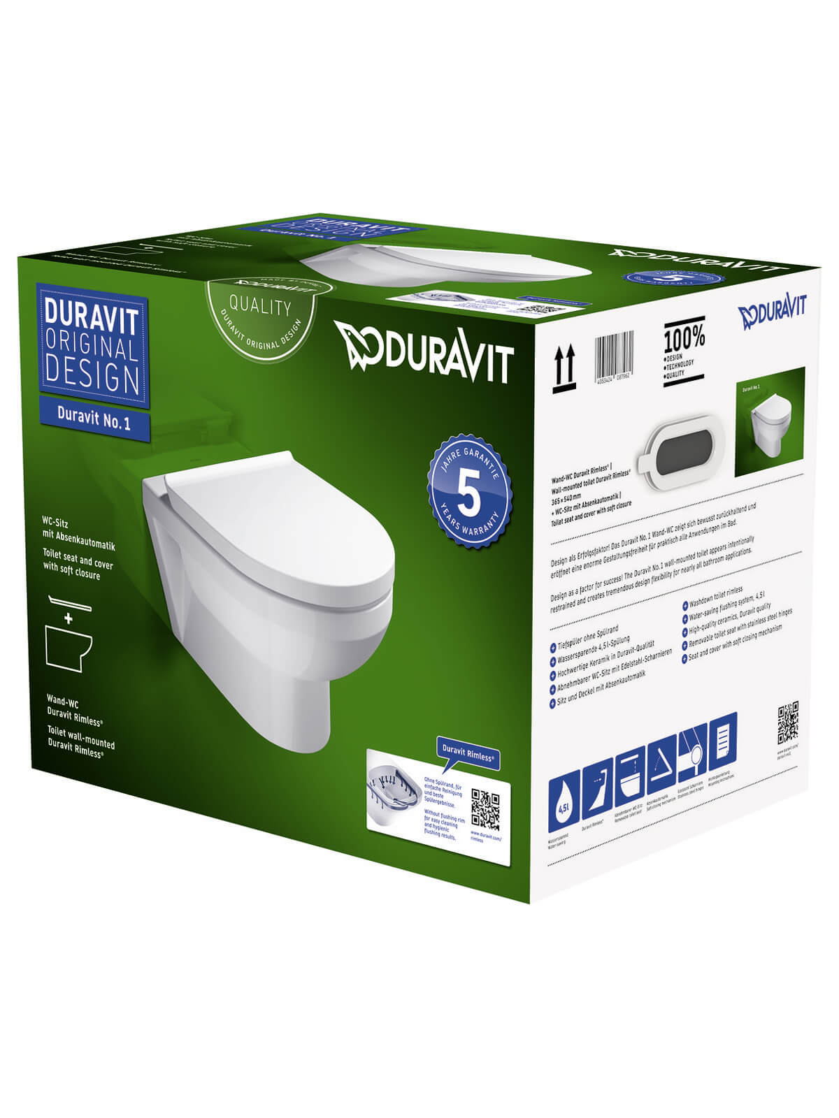 Duravit No.1 Wall Mounted 365 x 480mm Compact Rimless WC Pan And Seat 45750900A1.