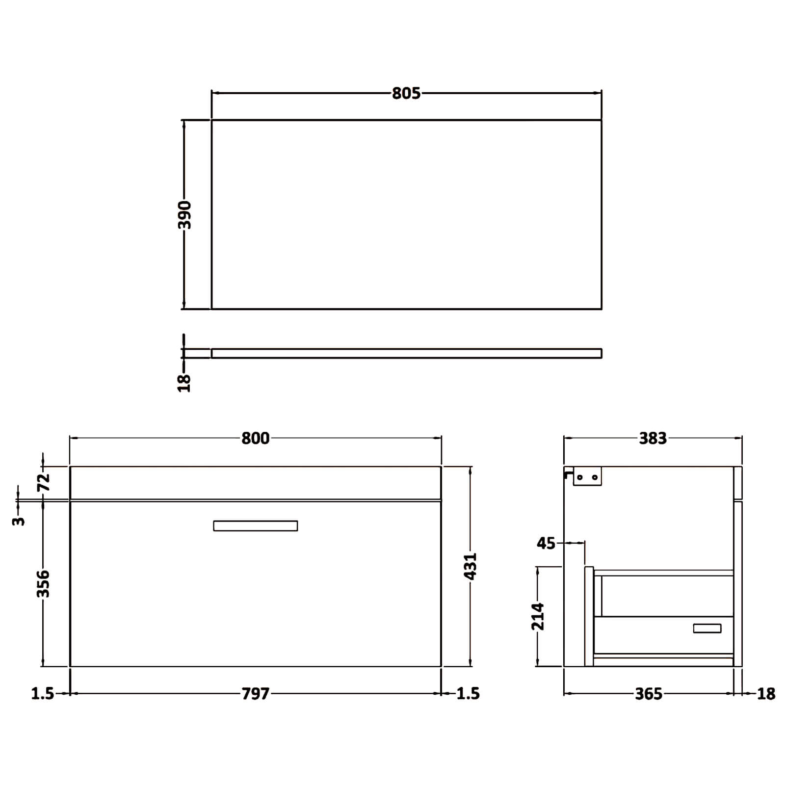 Nuie Athena One-Drawer Wall Hung Cabinet With Worktop Or Basin