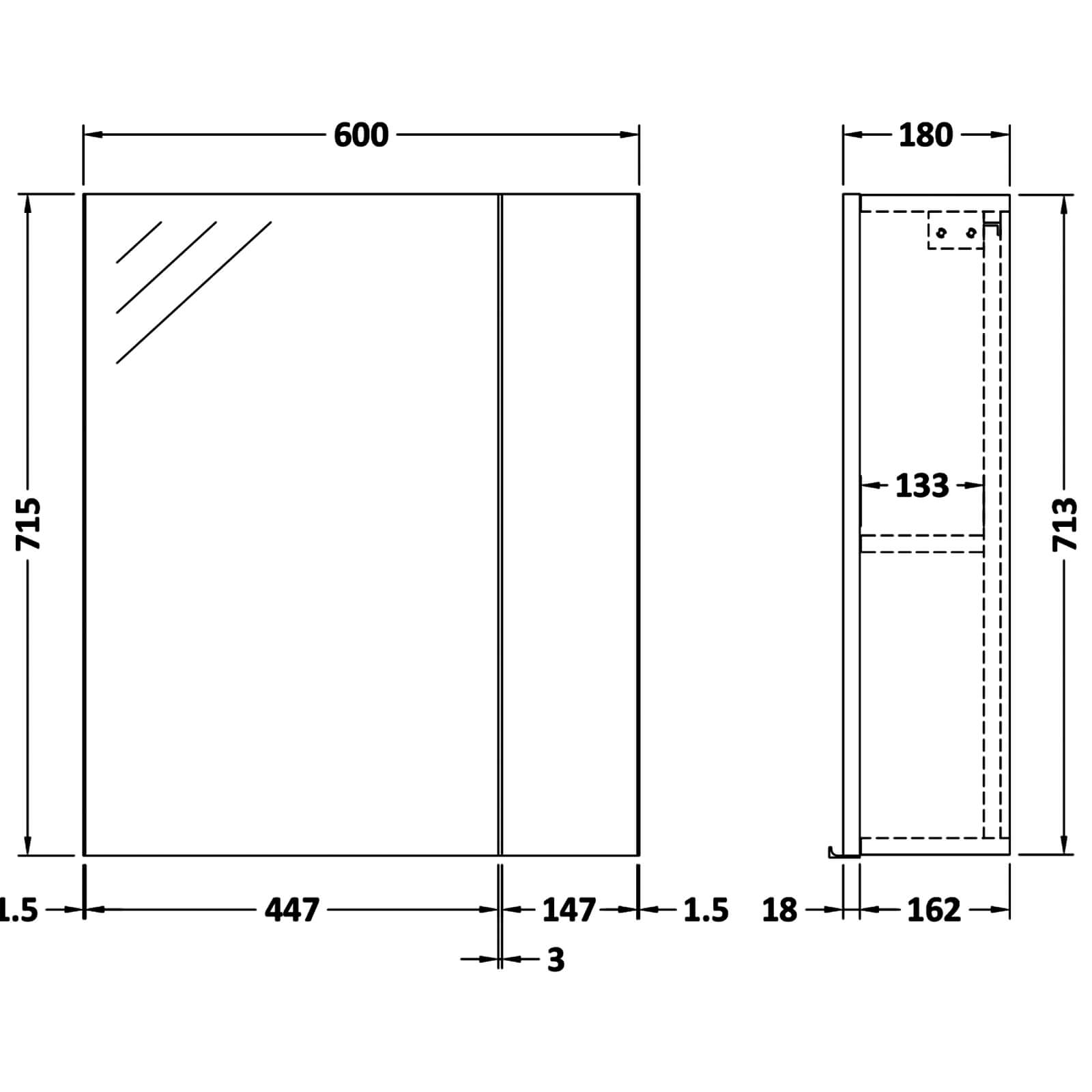 Hudson Reed Full Depth 600mm 2 Door 75-25 Mirror Cabinet - OFF118