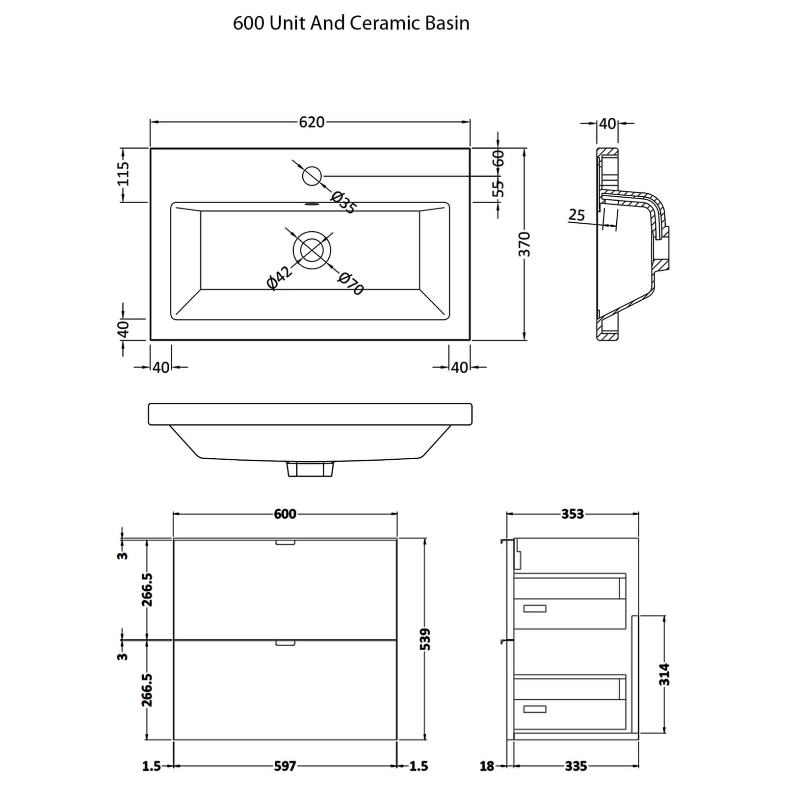 Hudson Reed Fusion 500mm Full Depth 2 Drawer Vanity Unit And Basin - CBI130