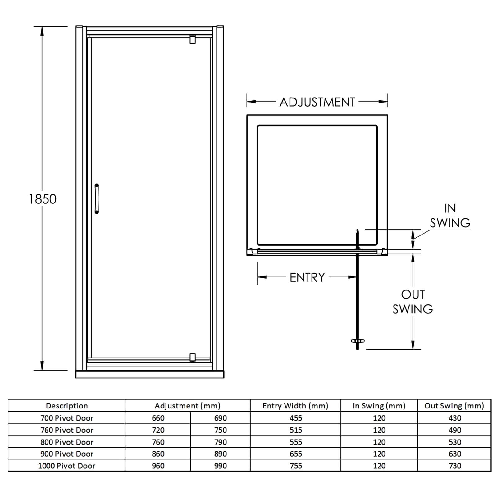 Nuie Ella 1850mm High 5mm Glass Pivot Shower Enclosure Door ERPD70.