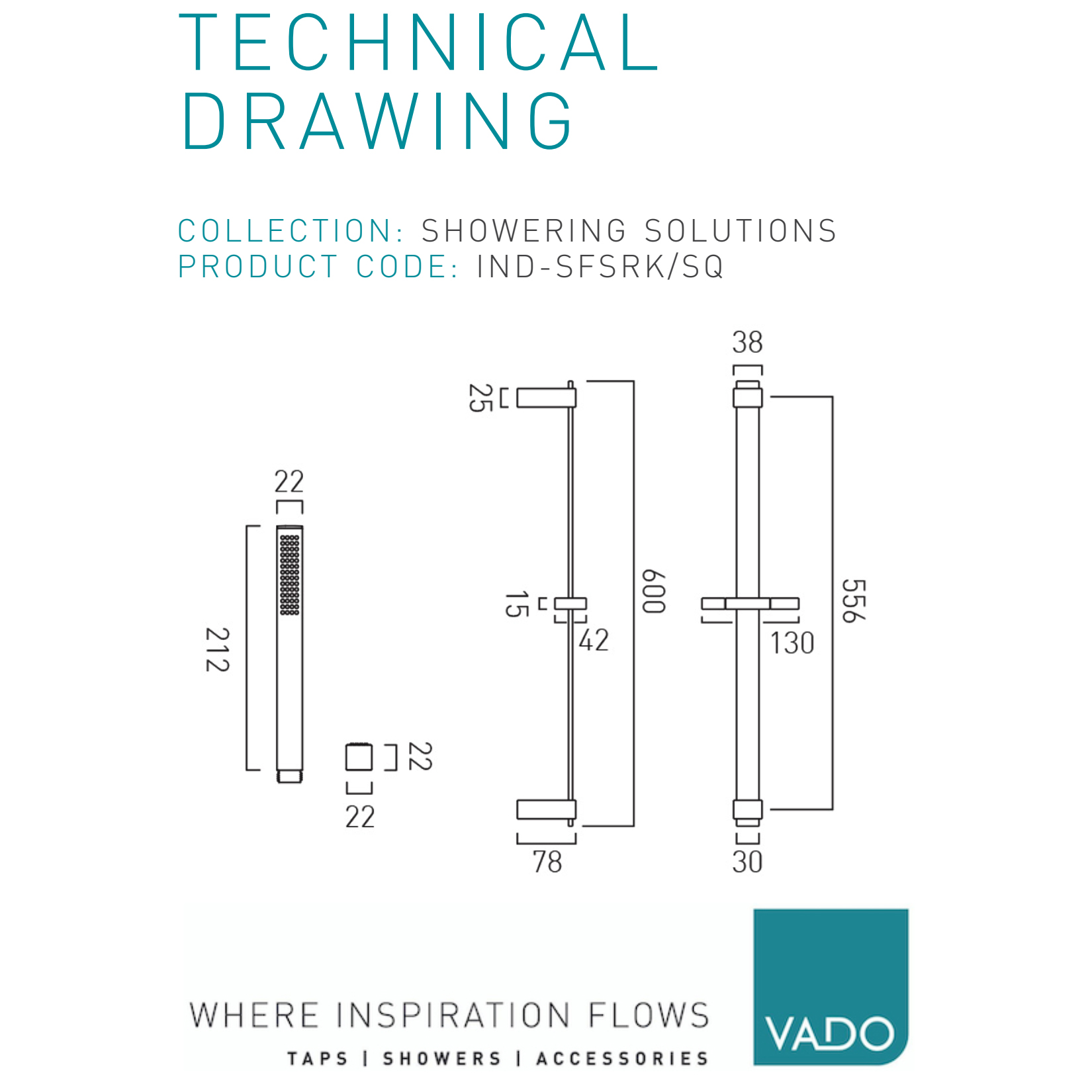 Vado Individual Square Single Function Slide Shower Rail Kit