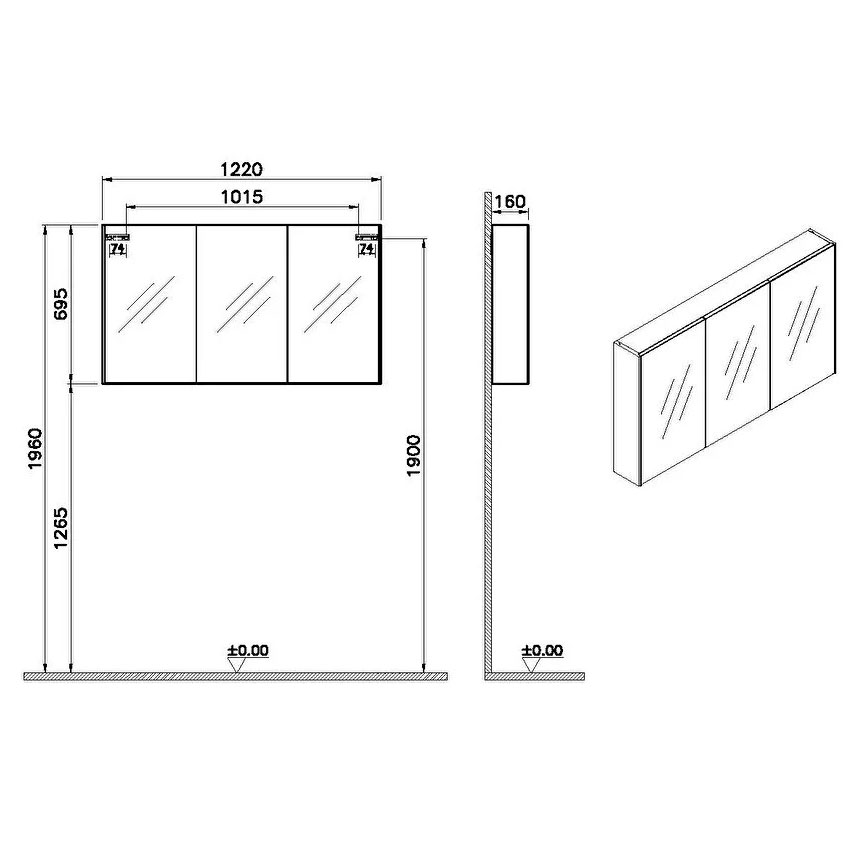 VitrA 1200 x 700mm 3 Door Universal Mirror Cabinet