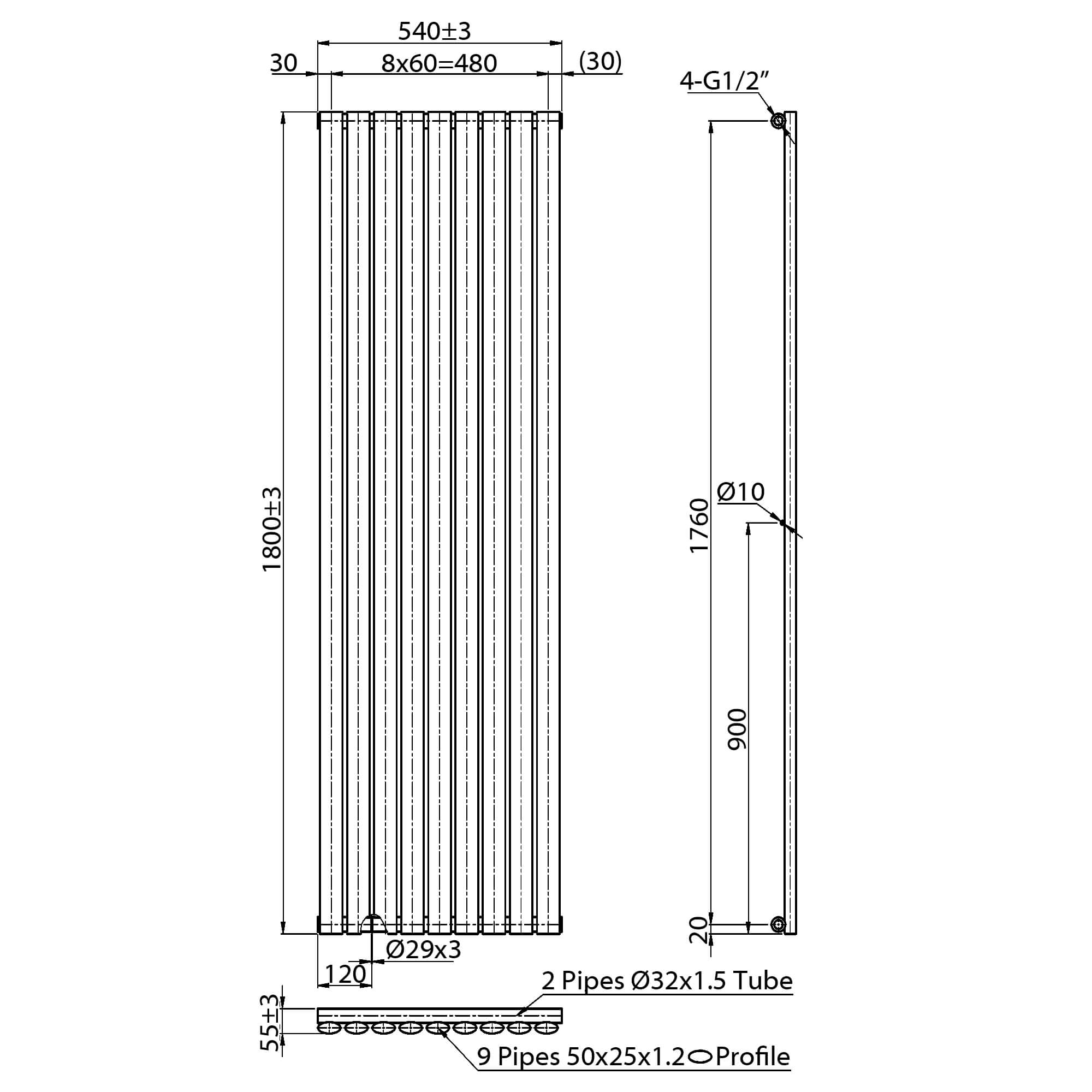 Kartell K-Rad Aspen Vertical Single Panel Anthracite Radiator 1800mm High