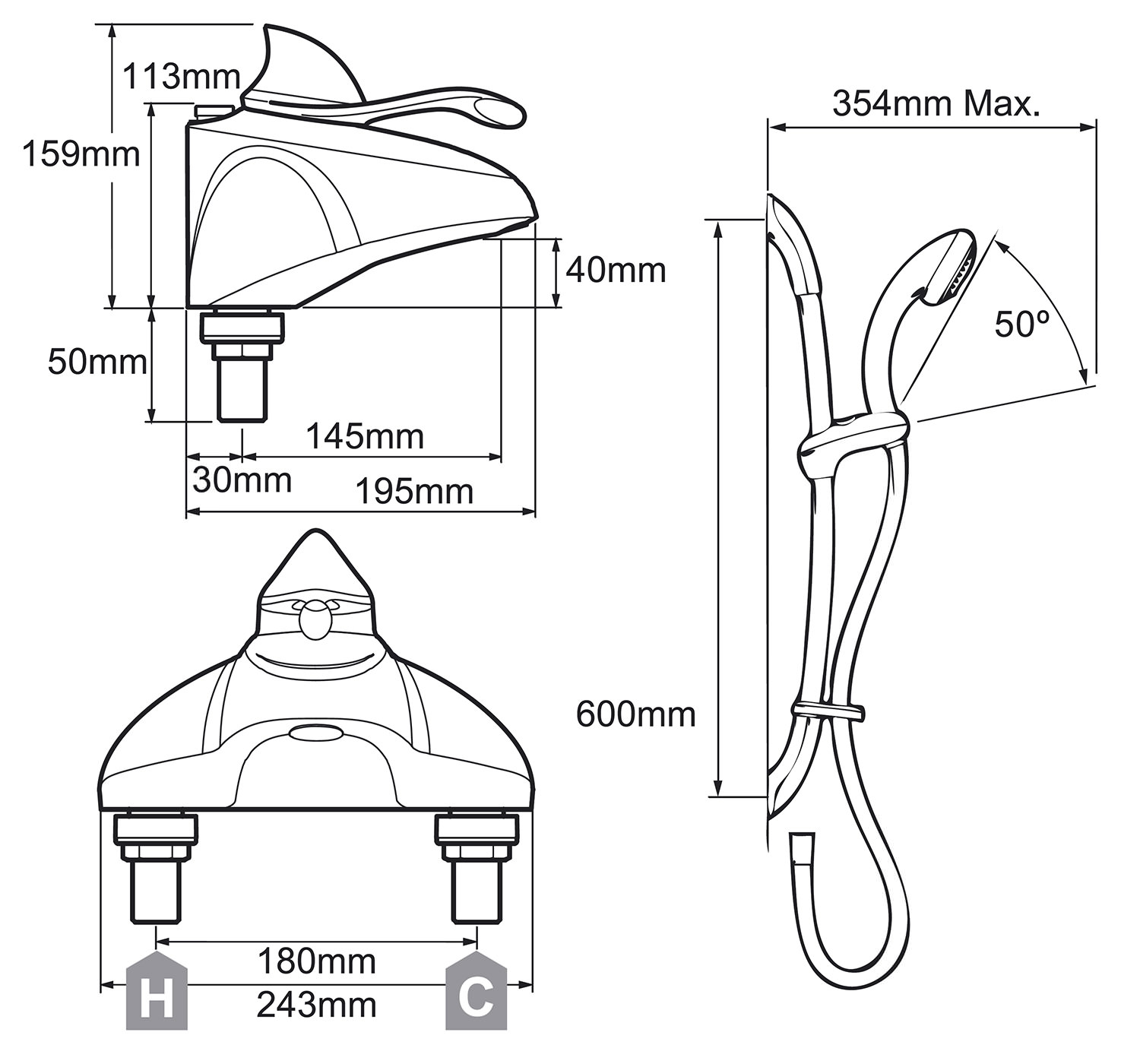 Mira Excel Bath Shower Mixer With Adjustable Showerhead