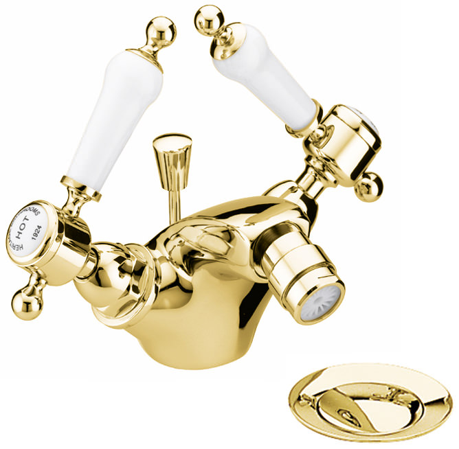 Heritage Glastonbury Vintage Gold Bidet Mixer Tap With White Levers