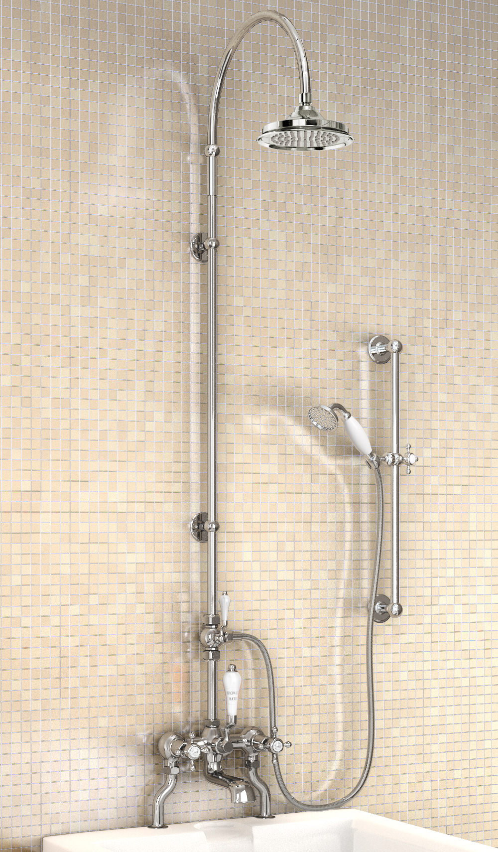 Burlington Bath Shower Mixer With Rigid RiserCurved Arm And Rose