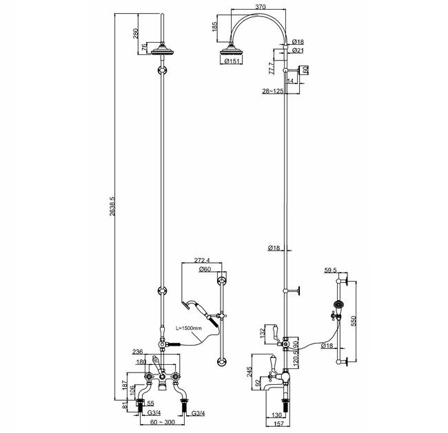 Burlington Bath Shower Mixer With Rigid RiserCurved Arm And Rose
