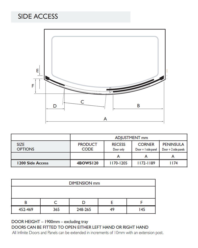 Kudos Infinite 1200mm Bowed Slider Shower Door Side Access